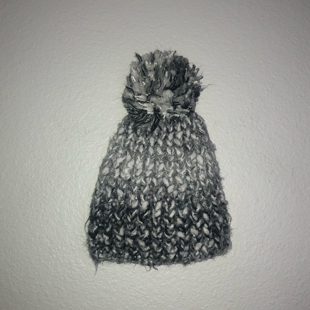 Black white and gray Pom Pom knit beanie